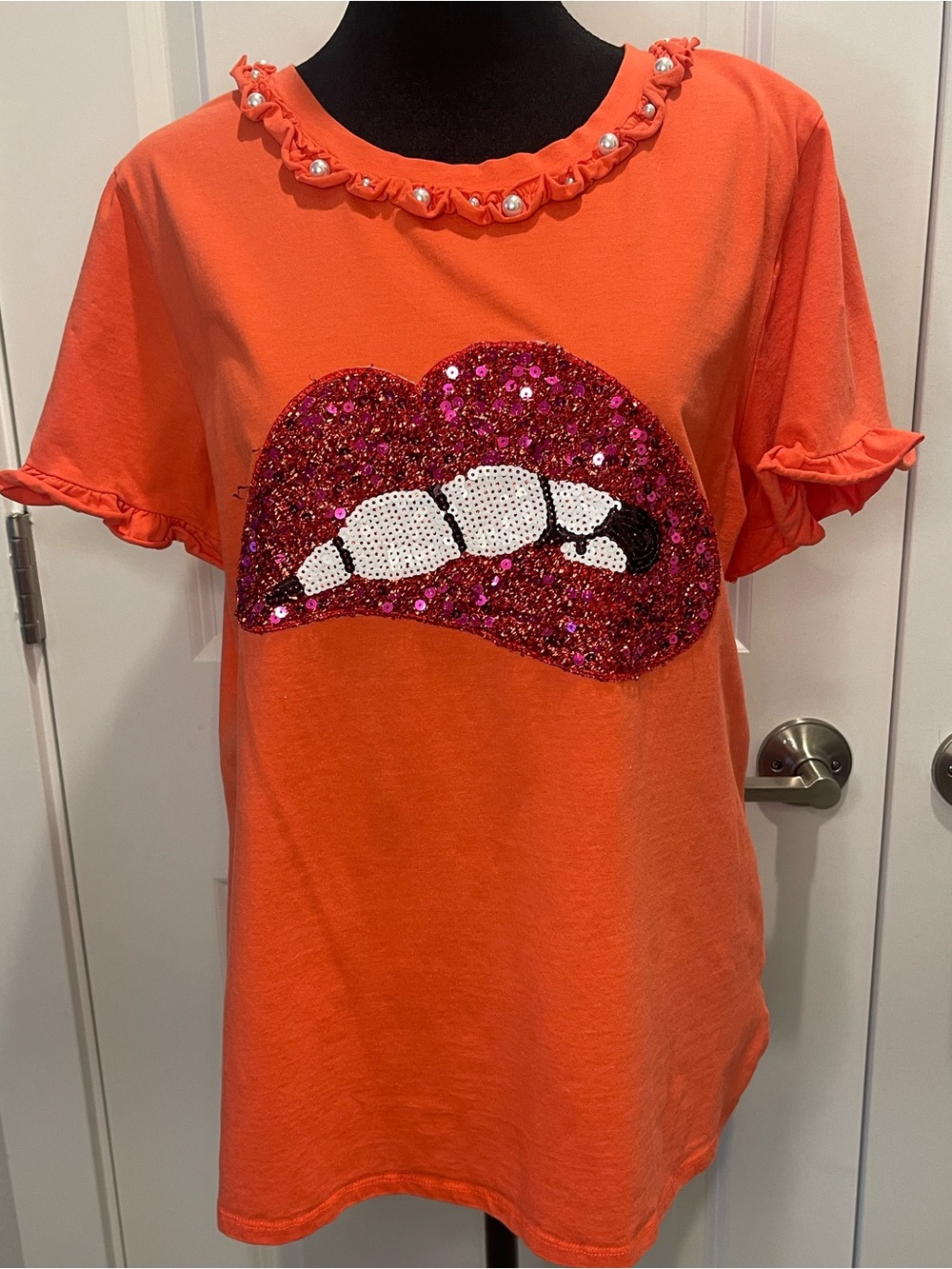 Miao Miao Orange Sequin Lip Graphic Tee